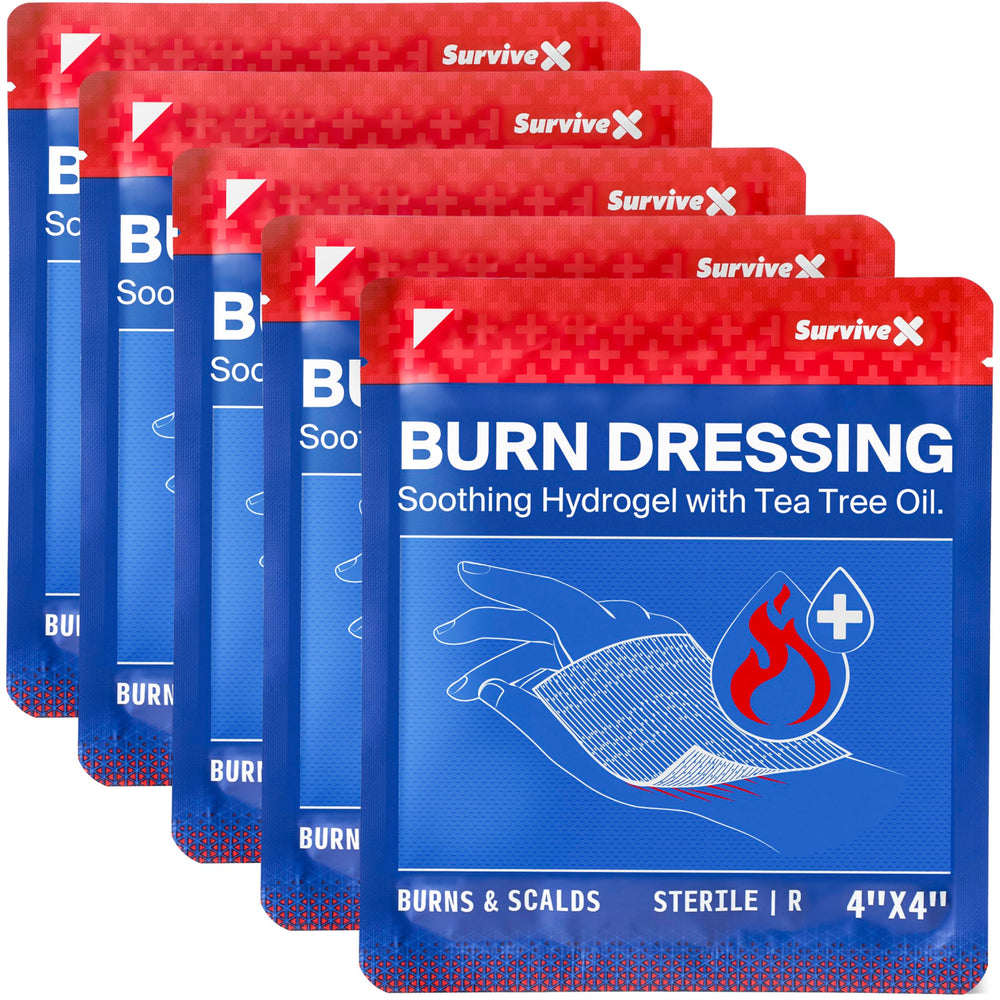 SurviveX hydrogel burn dressings in sterile 4x4 inch packs for cooling relief