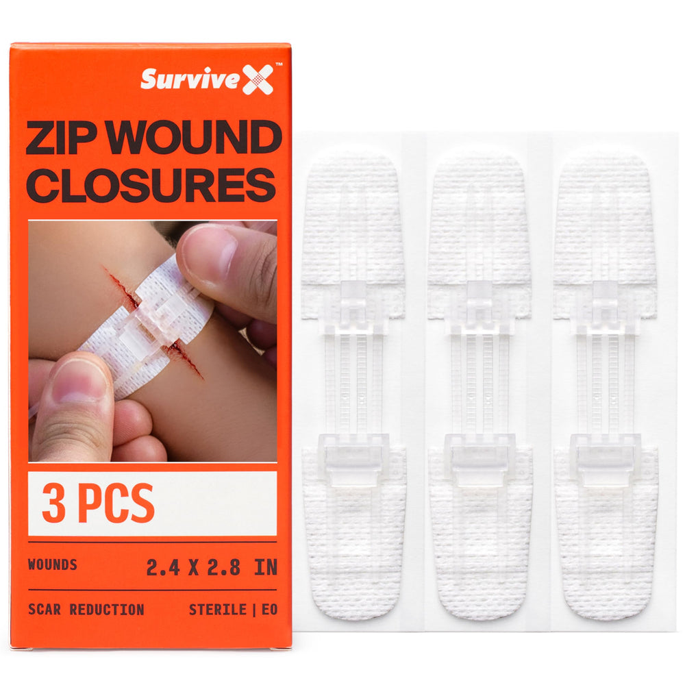 SurviveX ZipStitch closure strip on skin ensuring secure, non-invasive wound closure.