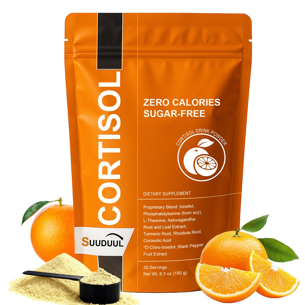 SUUDUUL Cortisol Drink Mix bottle with label supports daily stress balance and mental clarity.