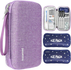 Suzamed insulin cooler travel case in purple, ideal for transporting diabetes supplies.