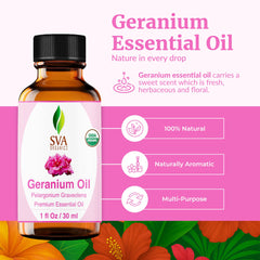 SVA Geranium essential oil bottle beside a diffuser for ambient aroma.