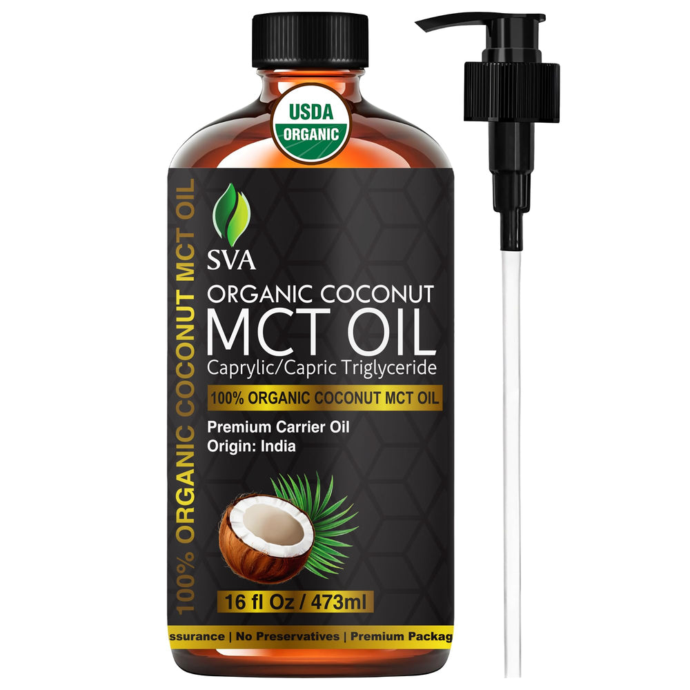 SVA Organics MCT Oil bottle showcasing cold-pressed organic carrier oil for skin and hair.