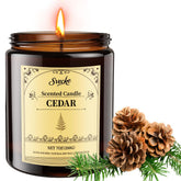 SVECKE cedar-scented candle 7oz creates earthy ambience in the living room.