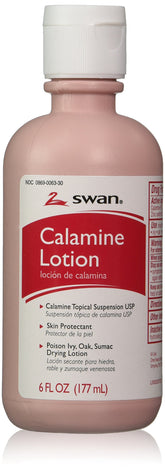 Swan Calamine Lotion bottle on a bathroom shelf for temporary itch relief.