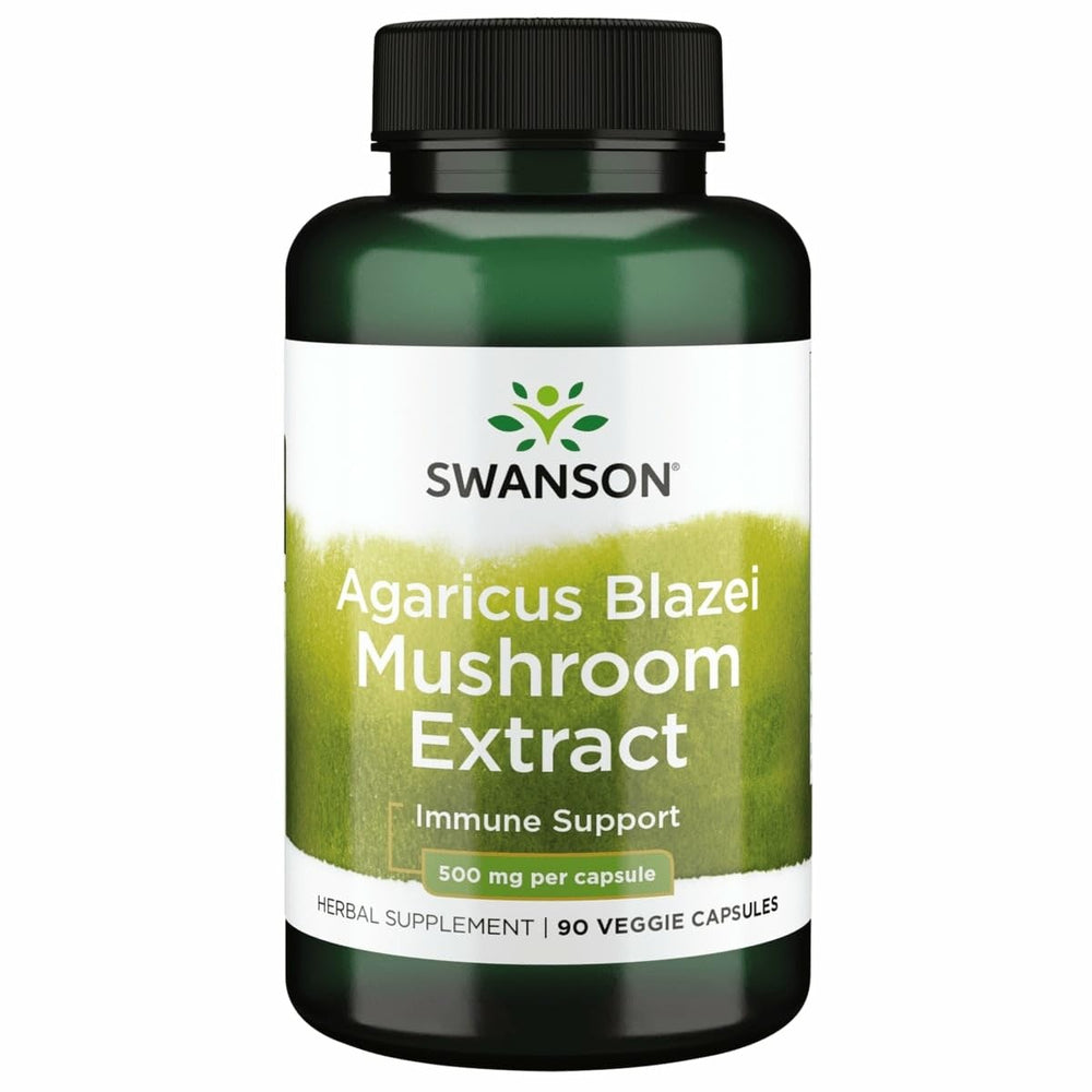 Swanson Agaricus Blazei 500 mg bottle highlights immune-support formula for daily use.