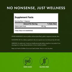 Closeup of Swanson Alpha Lipoic Acid capsules showing dosage and form