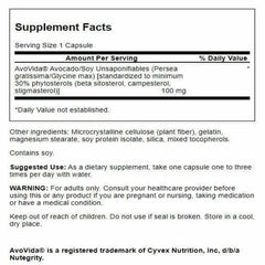 Swanson Avovida bottle back label with dosage guidance and ingredients