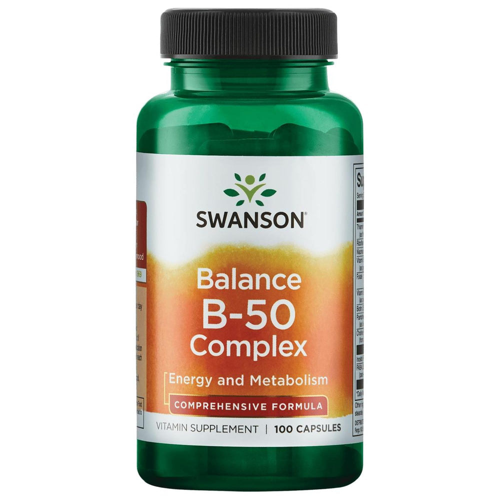 Swanson B-50 Complex bottle label highlights key B vitamins for energy support.