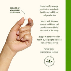 Swanson B12 capsules closeup emphasizes 500 mcg per capsule for energy and metabolism.