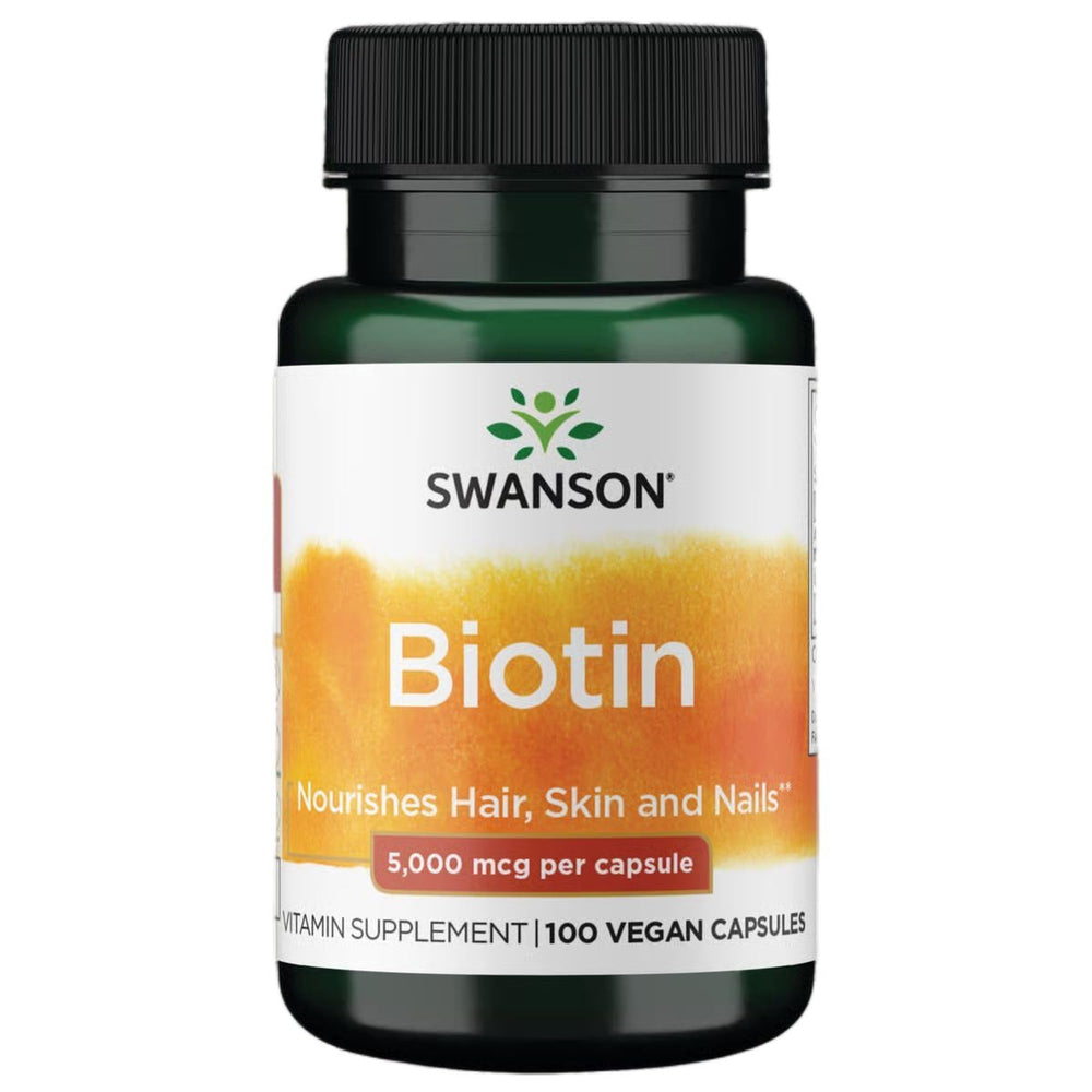 Swanson Biotin 5000 mcg bottle front view for hair, skin, and nails support