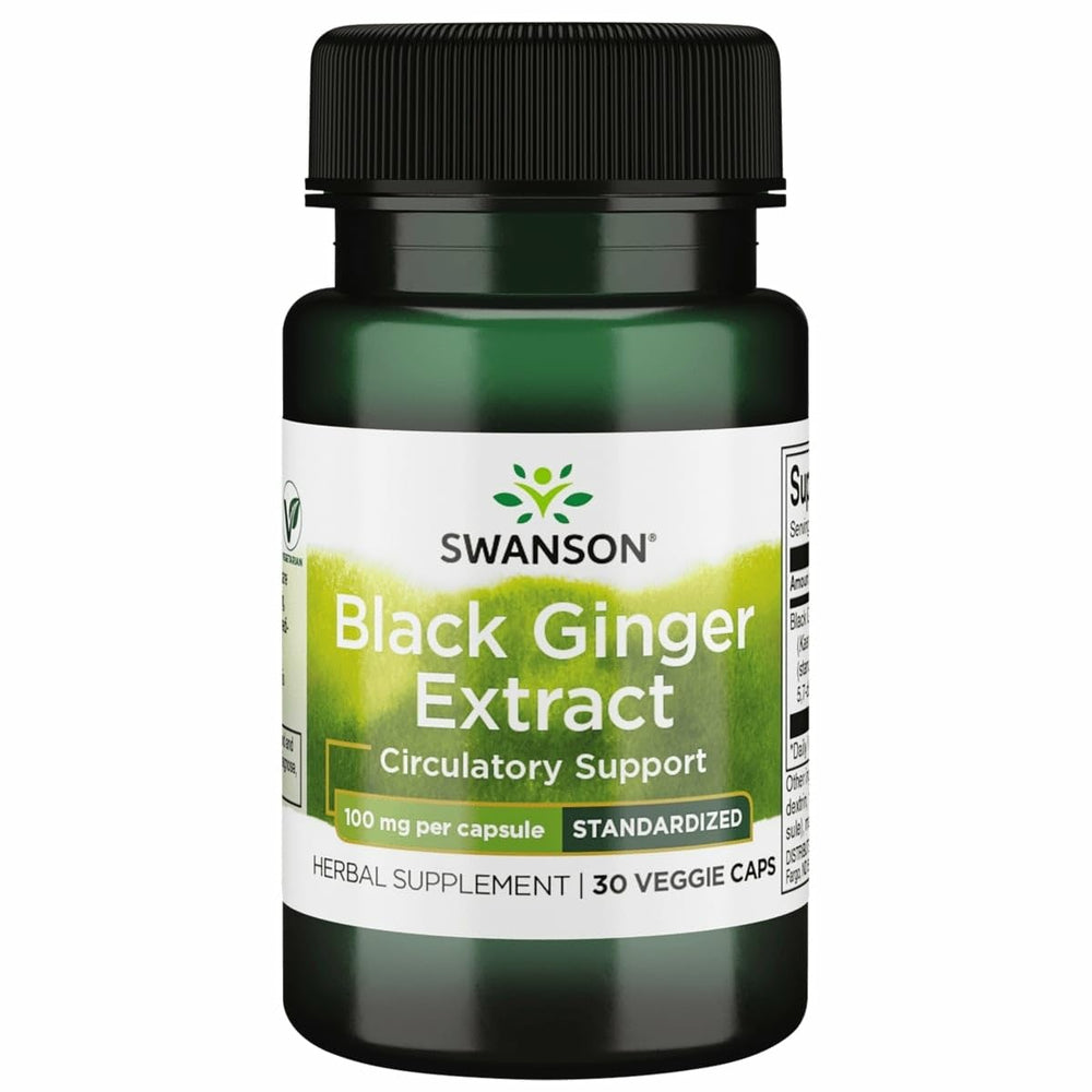 Swanson Black Ginger Extract bottle label shows branding and dosage for everyday support.