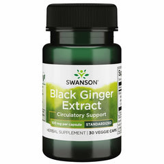 Swanson Black Ginger Extract bottle label shows branding and dosage for everyday support.