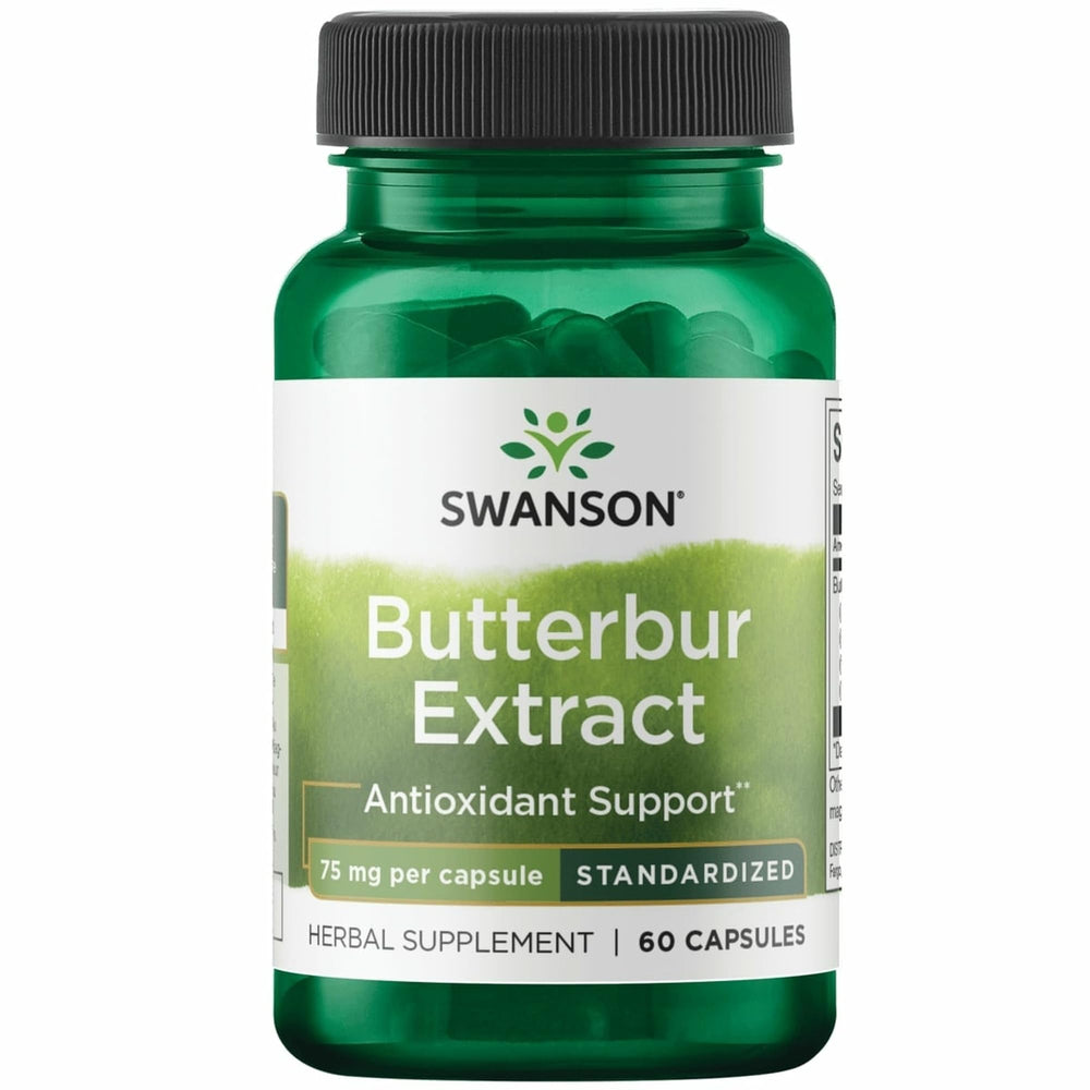 Swanson Butterbur Extract bottle with label, showing 75 mg per serving for daily wellness support.