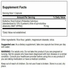 Swanson Butterbur Extract label highlighting PA-free formula and petasin content.