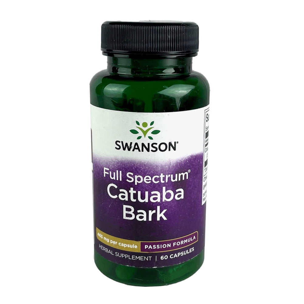 Swanson Catuaba Bark bottle front highlighting 465 mg per capsule for wellness.