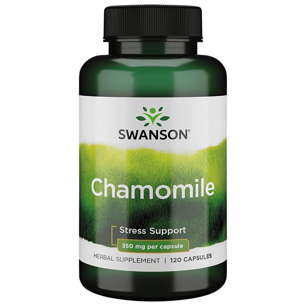 Swanson Chamomile Stress Support bottle and capsules for calm evenings