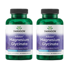 Swanson chelated magnesium glycinate bottle front showing two-pack packaging and dosage context