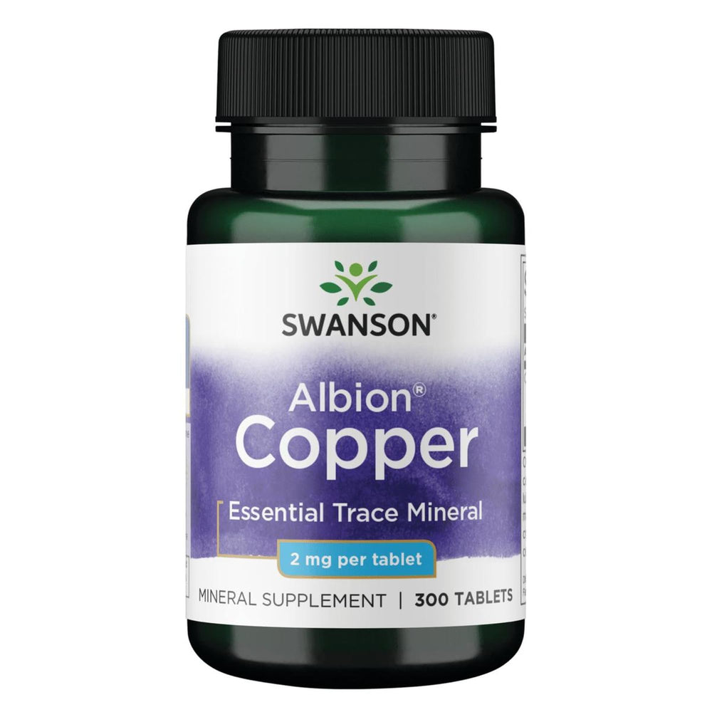 Swanson Copper Mineral Supplement bottle label showing 2 mg copper and chelated form benefits
