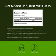 Swanson CoQ10 30mg capsules closeup showcasing quality manufacturing and third-party testing.