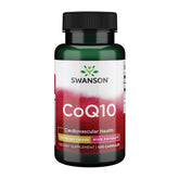 Swanson CoQ10 bottle front view showing 100 capsules and 120 mg per softgel for daily heart health support