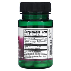 Swanson D3 & K2 label close-up highlighting vegan, gluten-free capsules for daily wellness.
