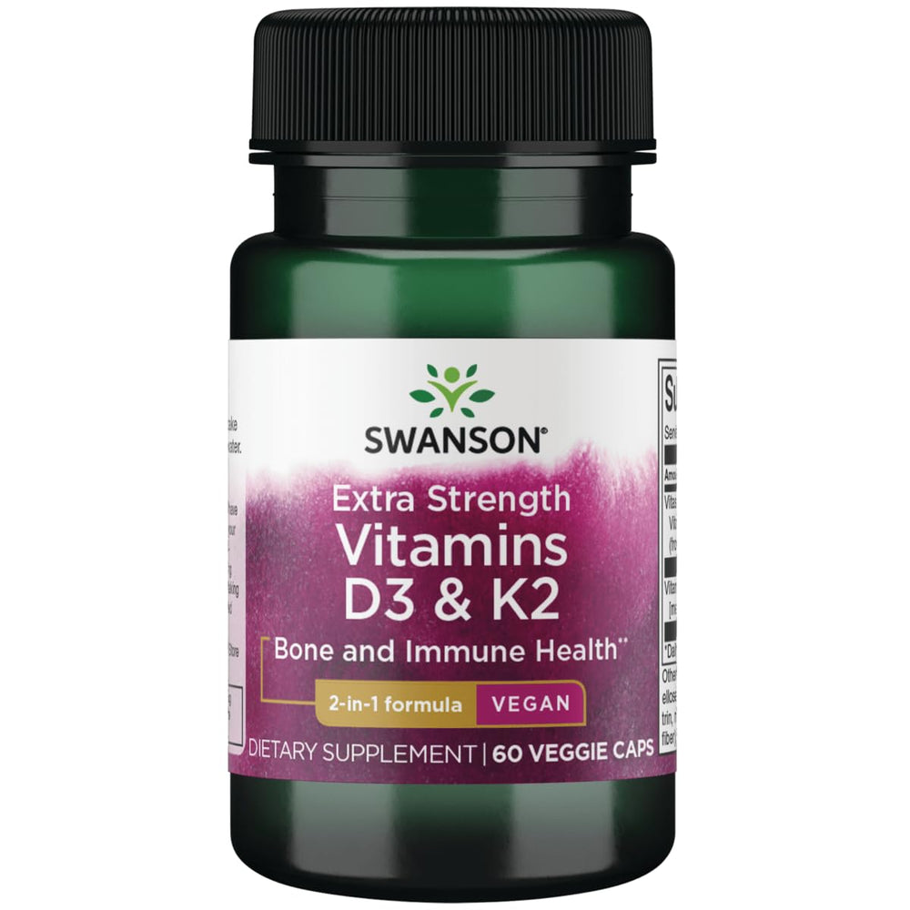 Swanson D3-K2 bottle features 60 vegan capsules for daily bone support