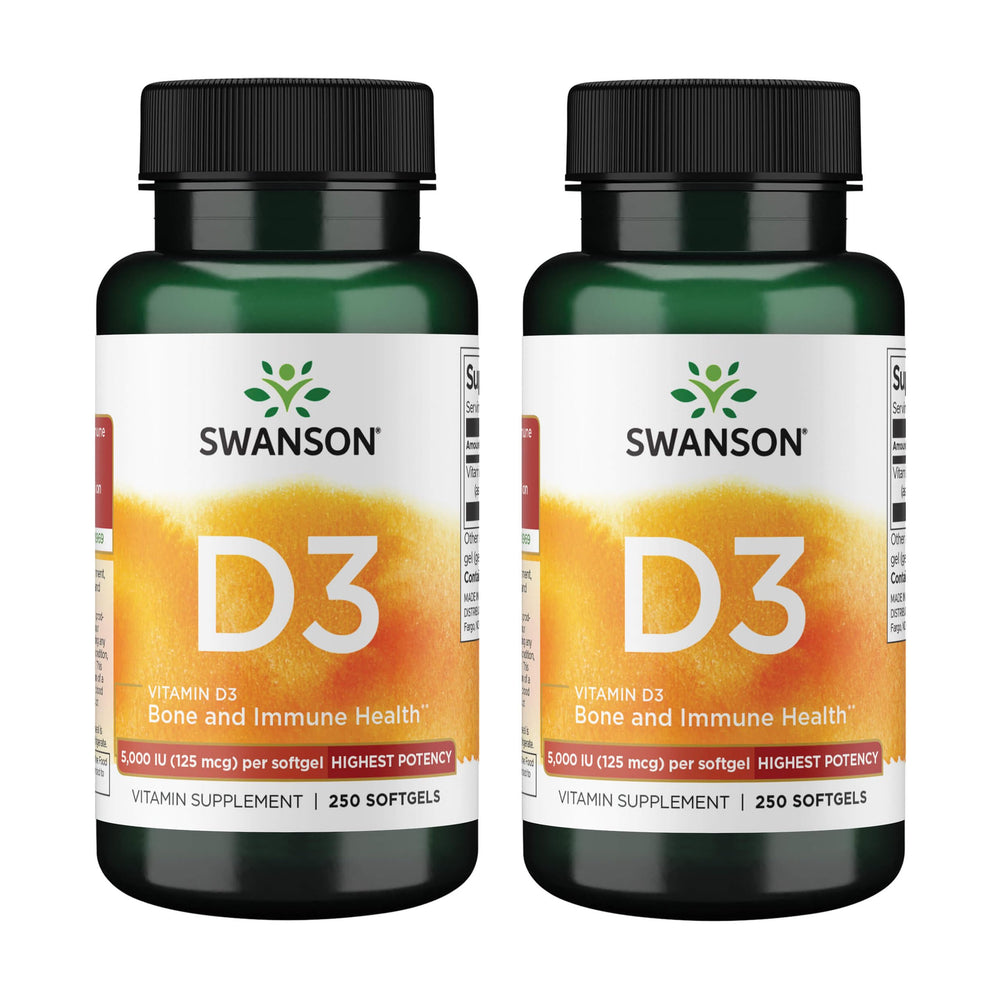 Swanson D3 softgel bottle showing easy-to-swallow capsules for daily support