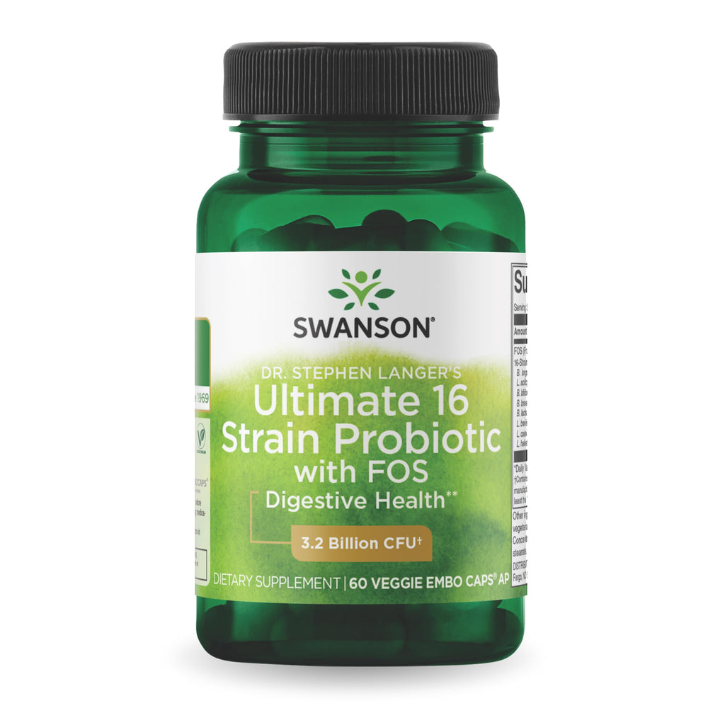 Swanson Dr. Stephen Langer formula bottle — 16 probiotic strains for digestive balance.