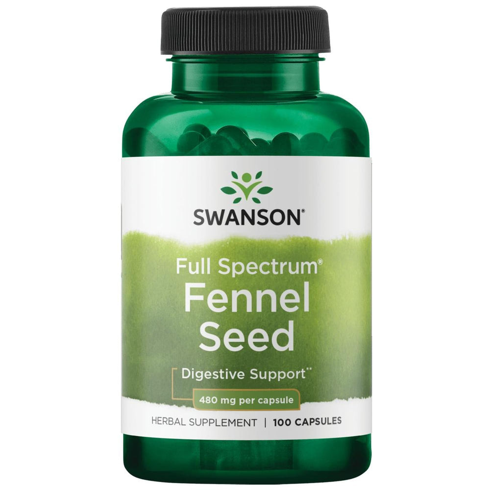 Swanson fennel bottle label highlights digestion support and full-spectrum formula.