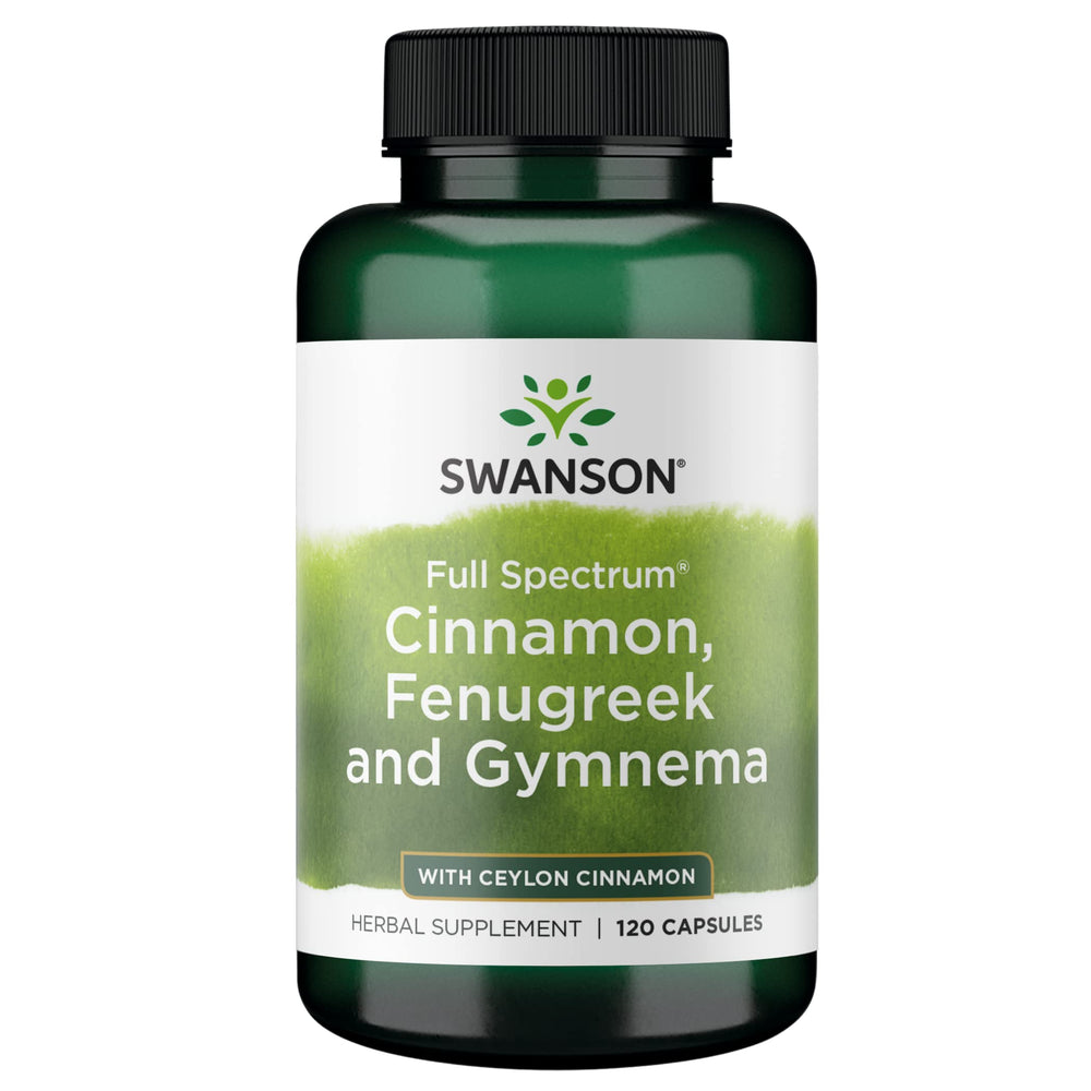 Swanson full-spectrum cinnamon, fenugreek, gymnema capsules bottle for convenient daily support.