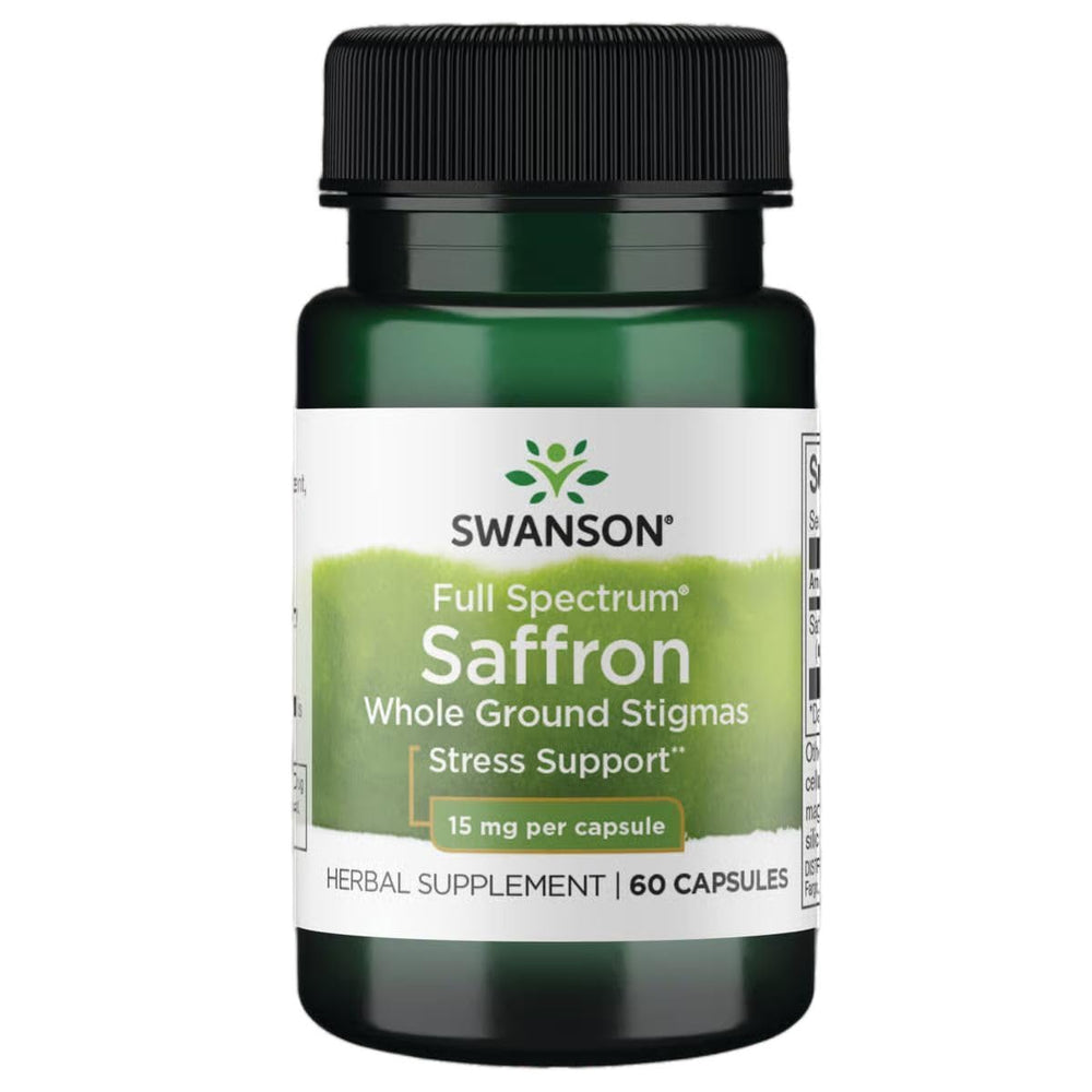 Swanson Full Spectrum Saffron bottle with 60 veggie capsules for daily mood support
