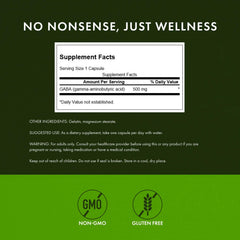 Swanson GABA label details highlighting dosage and plant-based ingredients