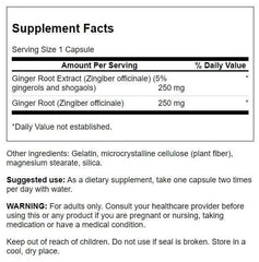 Swanson Ginger Root powder capsule closeup highlighting powdered ginger for daily use.