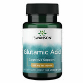 Swanson Glutamic Acid 500 mg bottle front, compact vegetarian capsules for daily wellness.