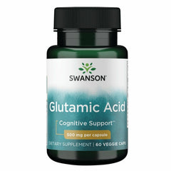 Swanson Glutamic Acid 500 mg bottle front, compact vegetarian capsules for daily wellness.