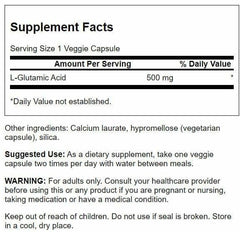Swanson Glutamic Acid 500 mg capsules closeup, easy-to-swallow plant-based supplement.