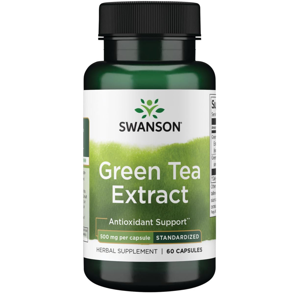 Swanson Green Tea Extract bottle showing 500 mg potency and 60 capsules for daily antioxidant support