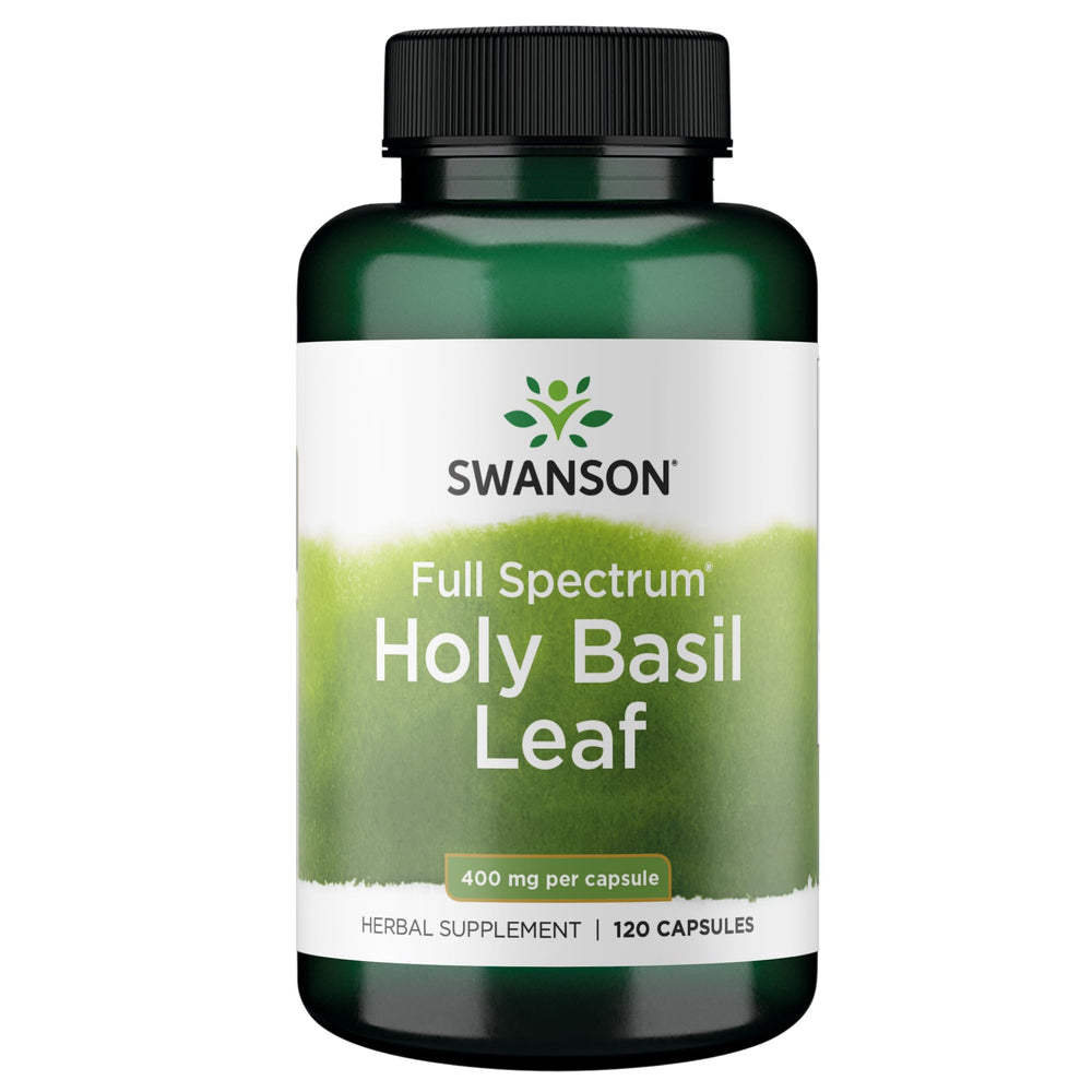 Swanson Holy Basil Leaf bottle with capsules for daily stress support