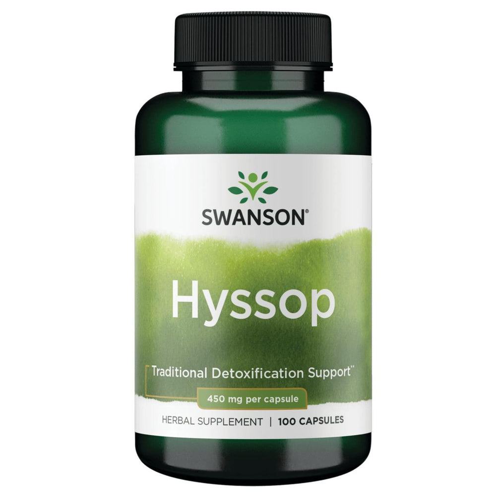 Swanson Hyssop 450mg capsules closeup for daily digestive support.