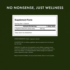 Detail of Swanson L-Arginine label highlighting full-spectrum plant-based ingredients