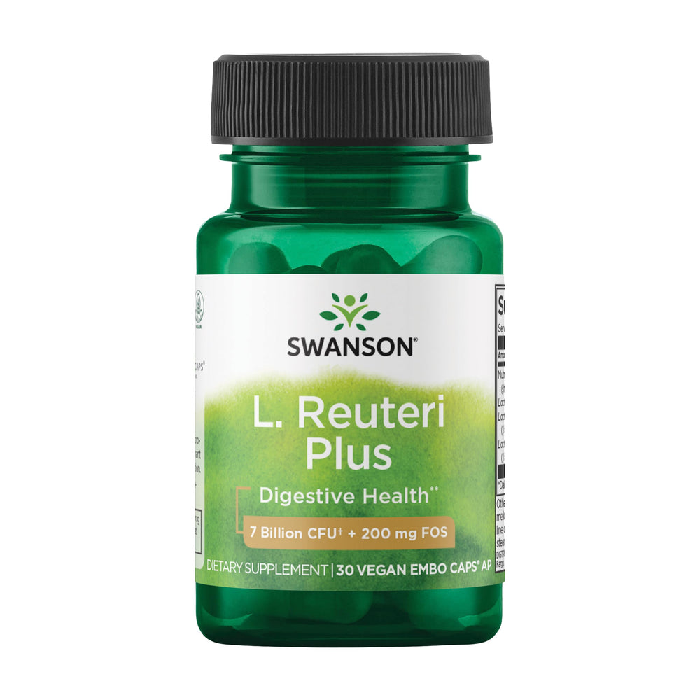 Swanson L. Reuteri Probiotic Plus bottle with capsules for daily digestive support.