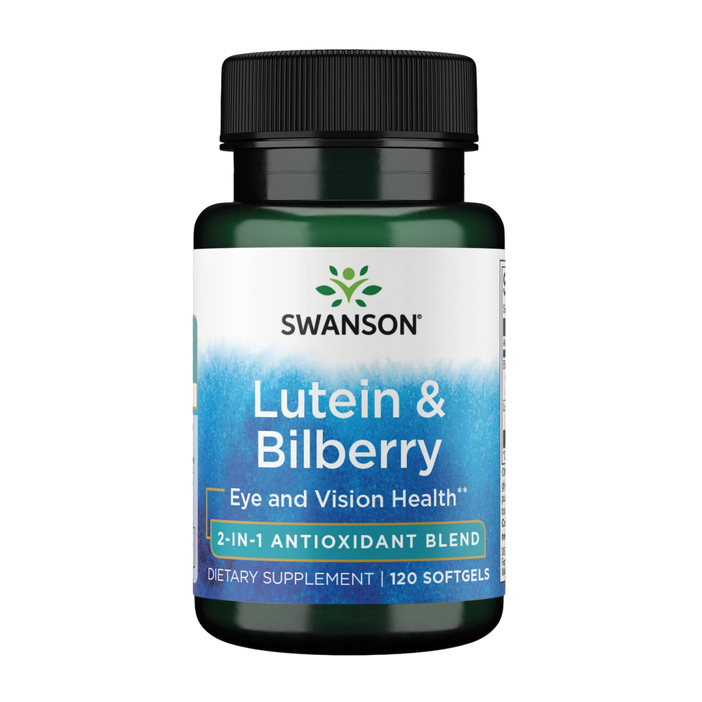 Swanson Lutein Bilberry softgel bottle for daily eye health support.