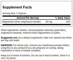 Swanson Magnesium Lactate capsules closeup highlighting gentle absorption