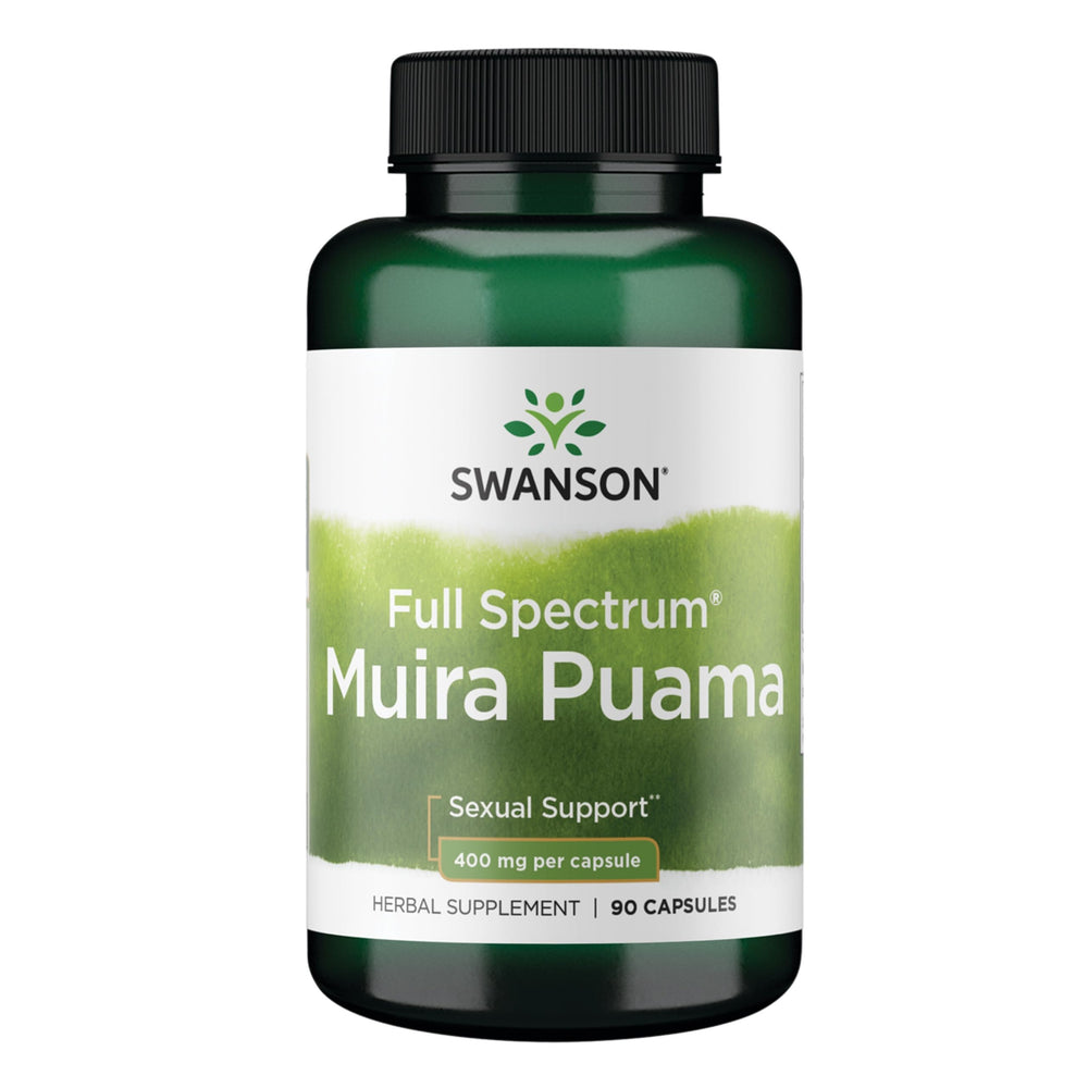 Swanson Muira Puama Root bottle on a shelf signaling daily vitality.