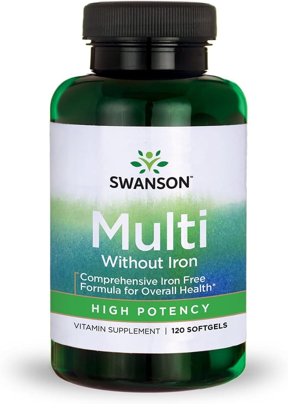 Swanson Multi Without Iron bottle front, iron-free multivitamin for daily wellness