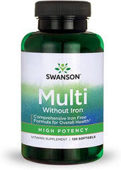 Swanson Multi Without Iron bottle front, iron-free multivitamin for daily wellness