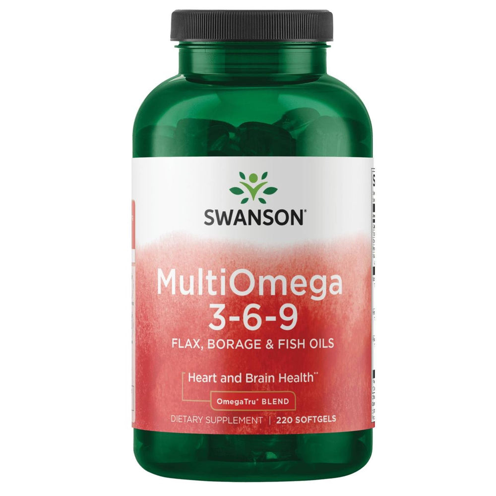 Swanson MultiOmega 3-6-9 softgels bottle highlighting a balanced essential fatty acids blend