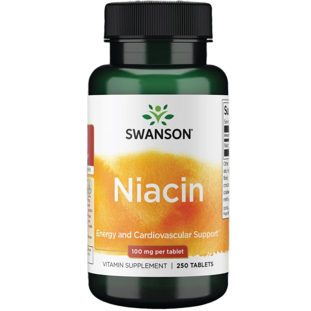 Swanson Niacin bottle closeup with label, signaling heart-friendly B3 support.