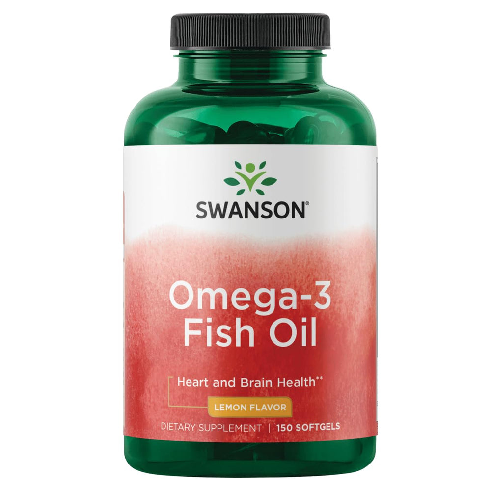 Swanson Omega-3 bottle with lemon flavor for daily essential fatty acids.