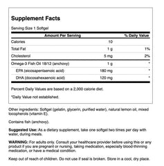 Close up of Swanson Omega-3 label highlighting EPA and DHA content.